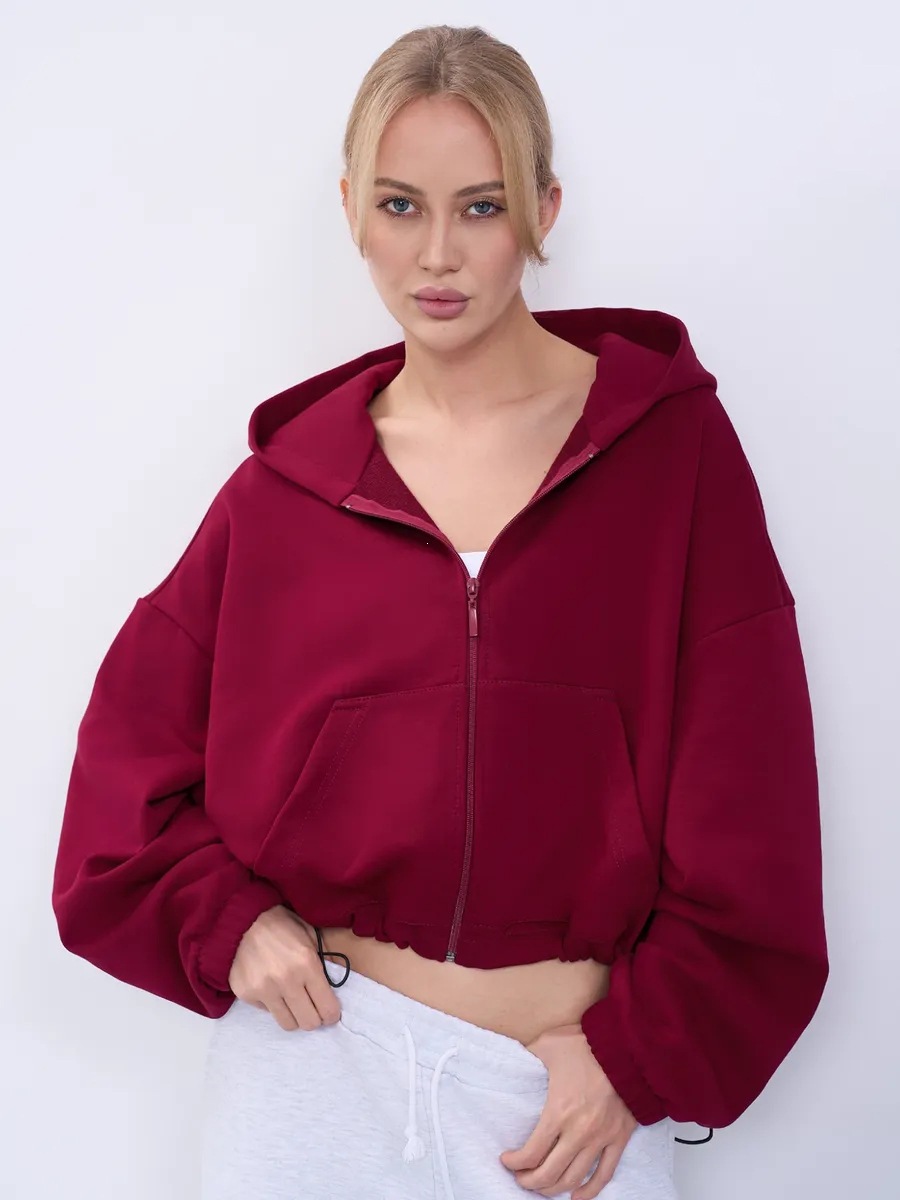 Women's Solid Color Hooded Zip-Up Waist-Cinching Short Jacket