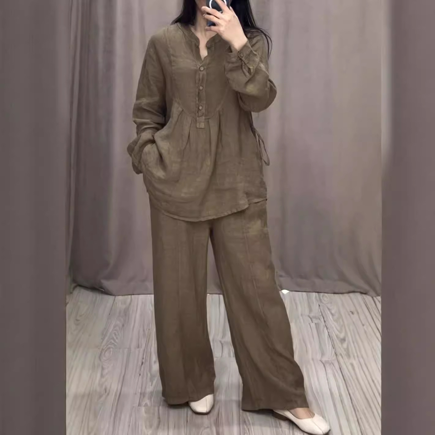 Women's Cotton-Linen Long-Sleeve Half-Placket Pleated Wide-Leg Pants Set