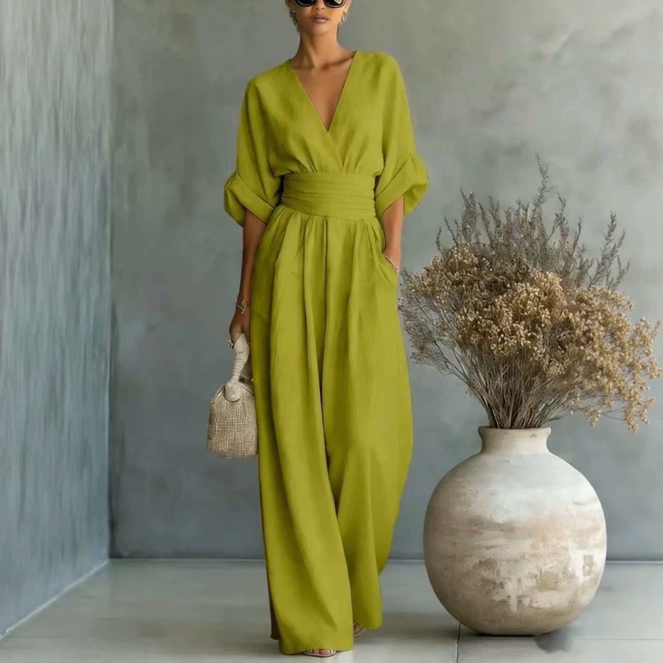 Elegant V-Neck Cinched Waist Wide-Leg Jumpsuit
