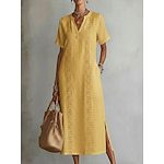 Women's Lace-Trim V-Neck Short-Sleeve Slit Cotton-Linen Midi Dress