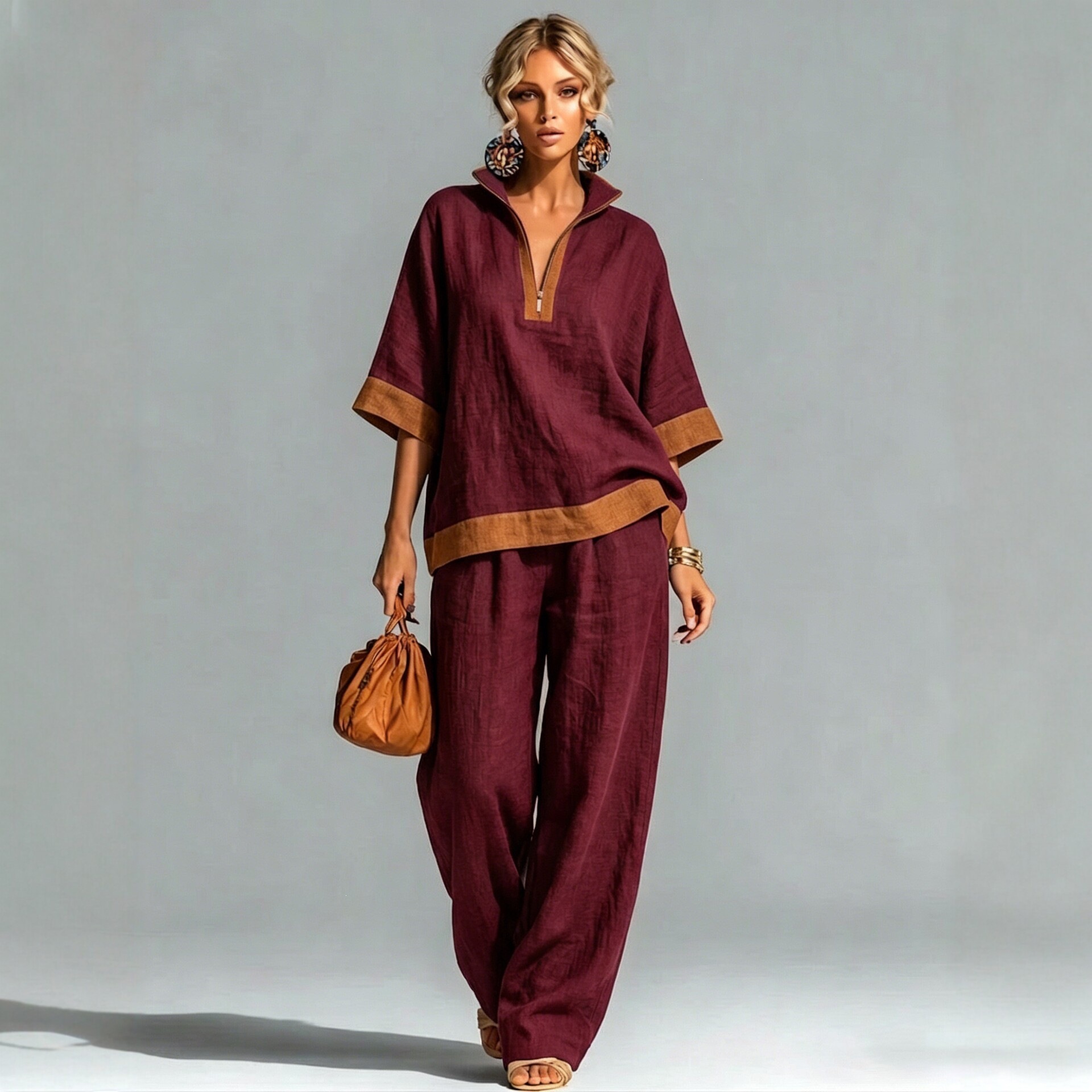 Women's Color-Block Half-Zip Linen Top and Straight-Leg Pants Two-Piece Set
