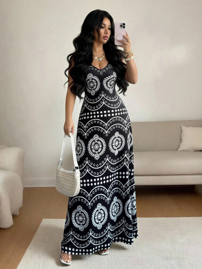 Women's Sleeveless V-Neck Printed Maxi Dress Slim Fit Summer