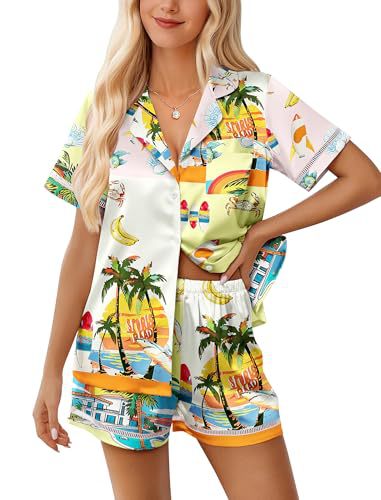 Women's Cuban Collar Short Sleeve Shirt Set Floral Solid Casual