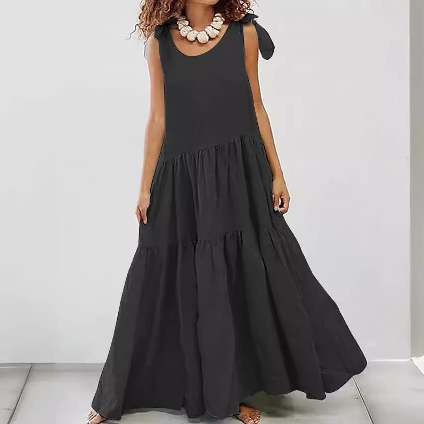 Women's Solid Crewneck Short Sleeve Tiered Ruffle Maxi Dress