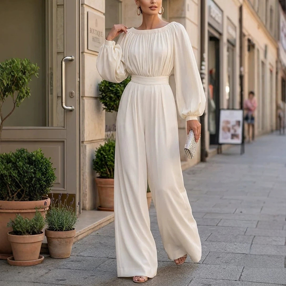 French Off-Shoulder Puff-Sleeve Wide-Leg Jumpsuit with Waist