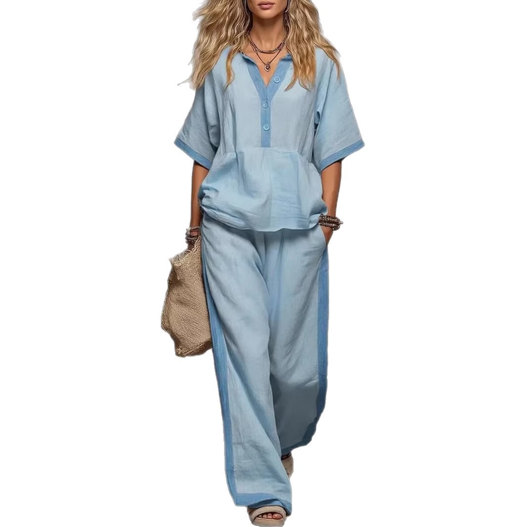 Women's V-Neck 3/4 Sleeve Cotton-Linen Top and Wide-Leg Pants Set