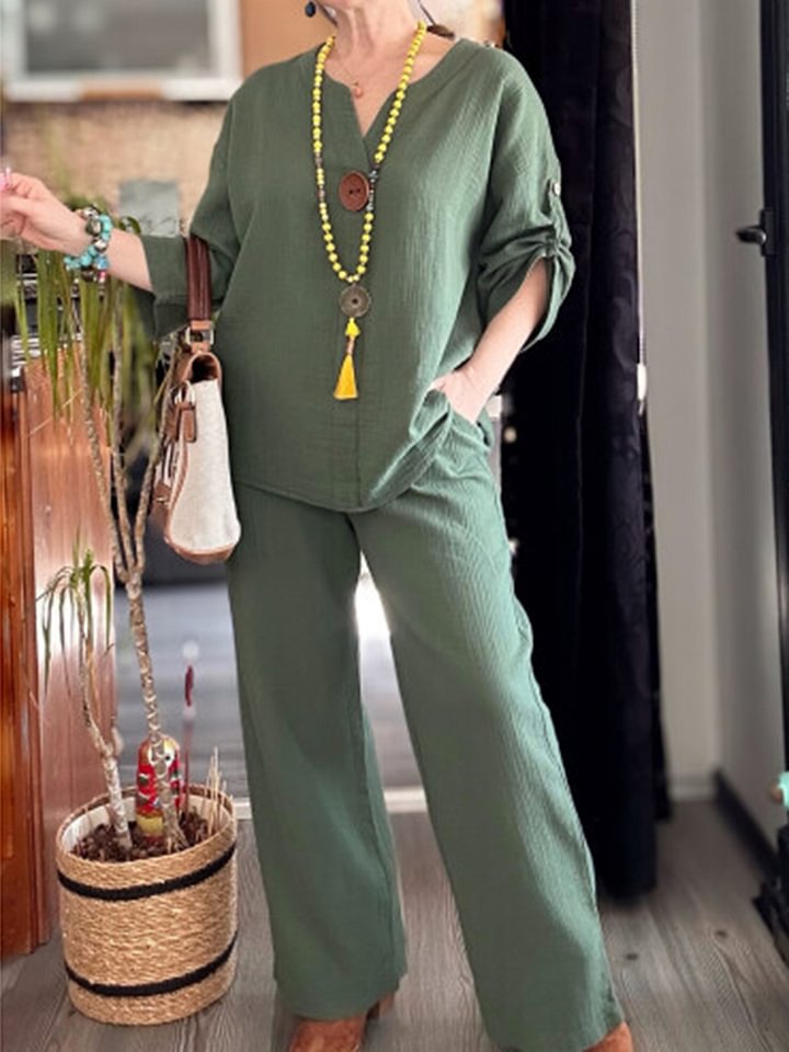 Cotton-Linen Two-Piece Set with Mid-Sleeve Top and Wide-Leg Pants