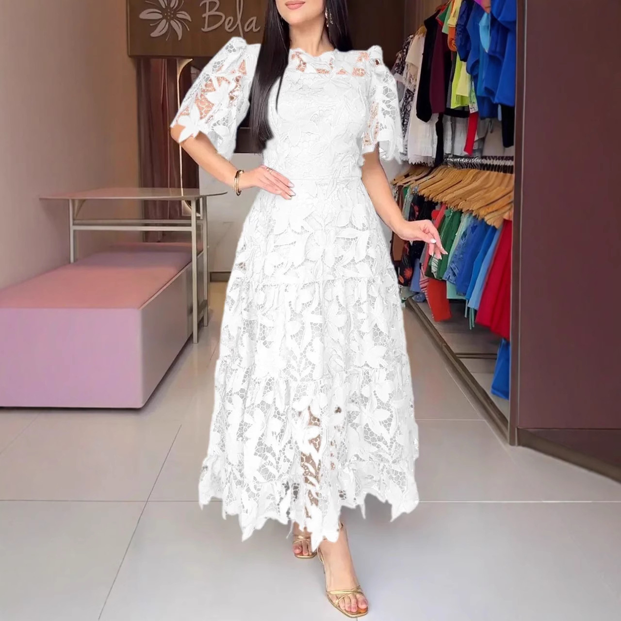 Women's Elegant Round Neck Hollow Lace Dress
