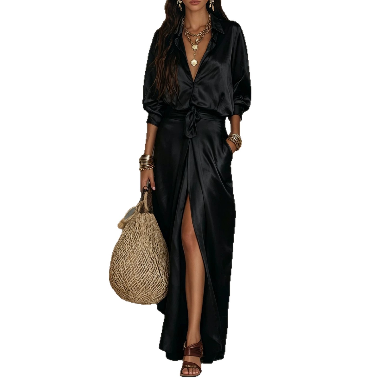 Satin Shirt and Slit Midi Skirt Set with Pockets