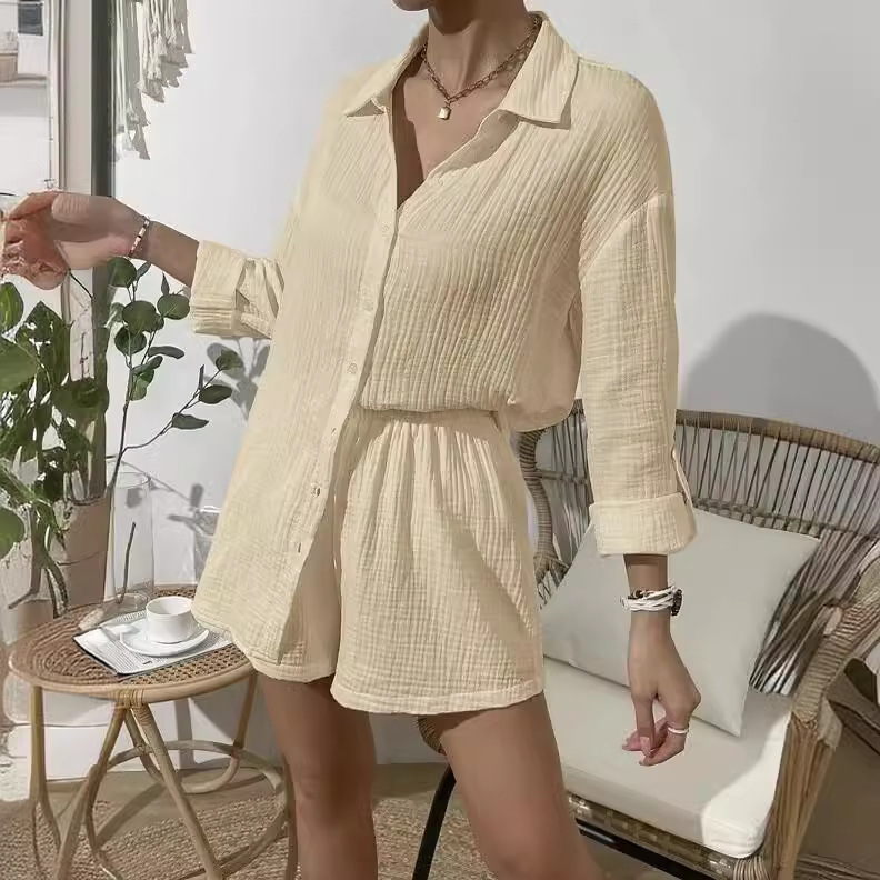 Women's Solid Color Long Sleeve Shirt and Shorts Two-Piece Set Casual Loose Fit