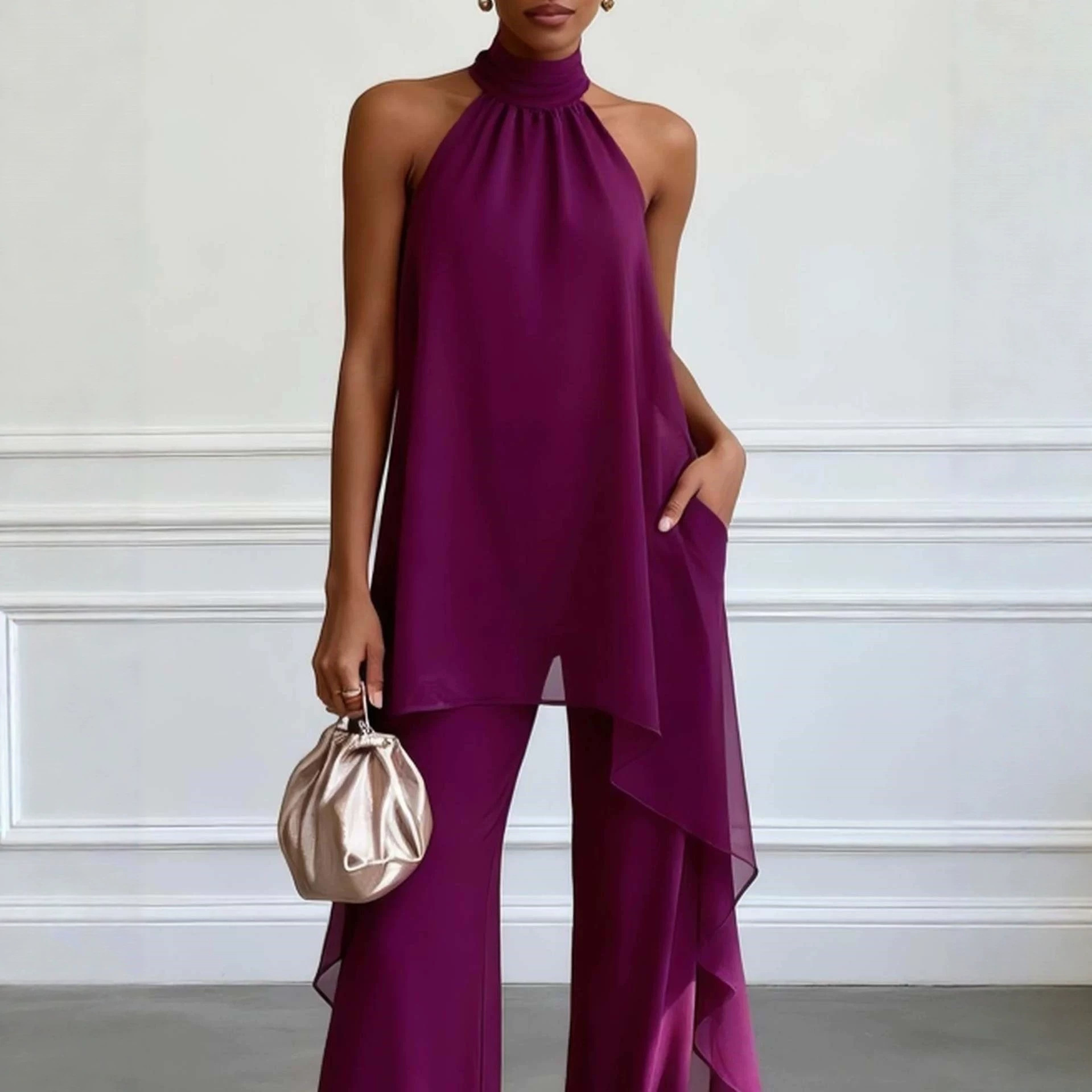 Women's Sleeveless Halter Chiffon Two-Piece Set Solid Color