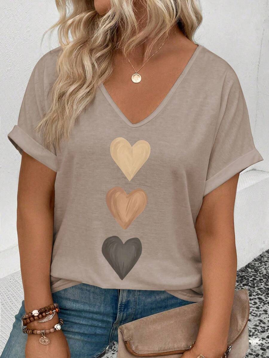 Gradient Heart Print V-Neck Short Sleeve Loose Women's Top