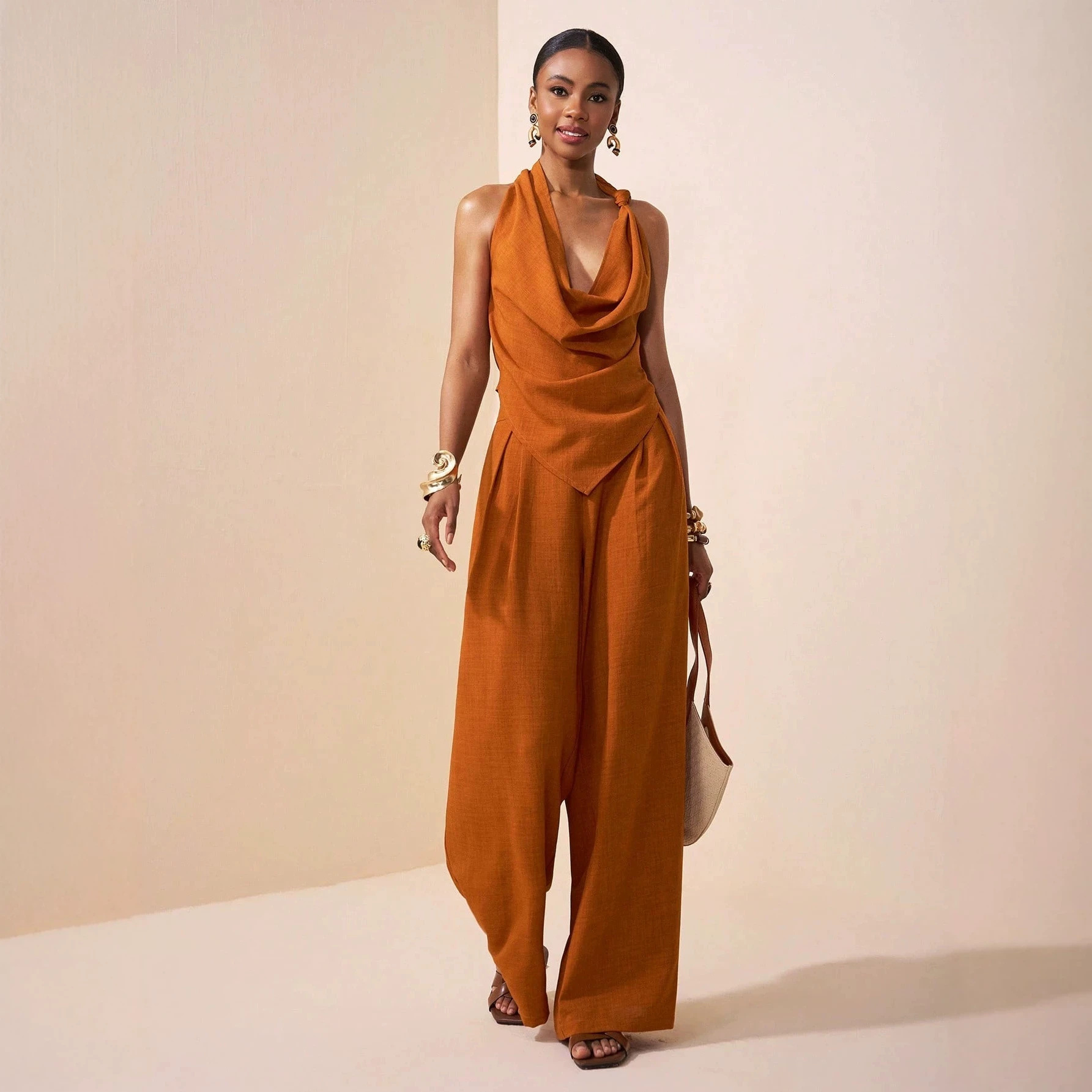 Solid Knotted Halter Top and Wide-Leg Pants Two-Piece Set