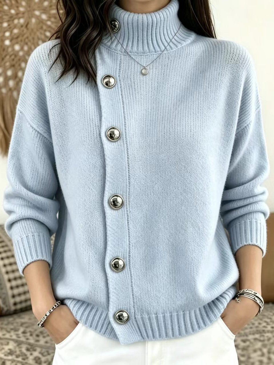Metal Button Solid Color Loose Turtleneck Sweater