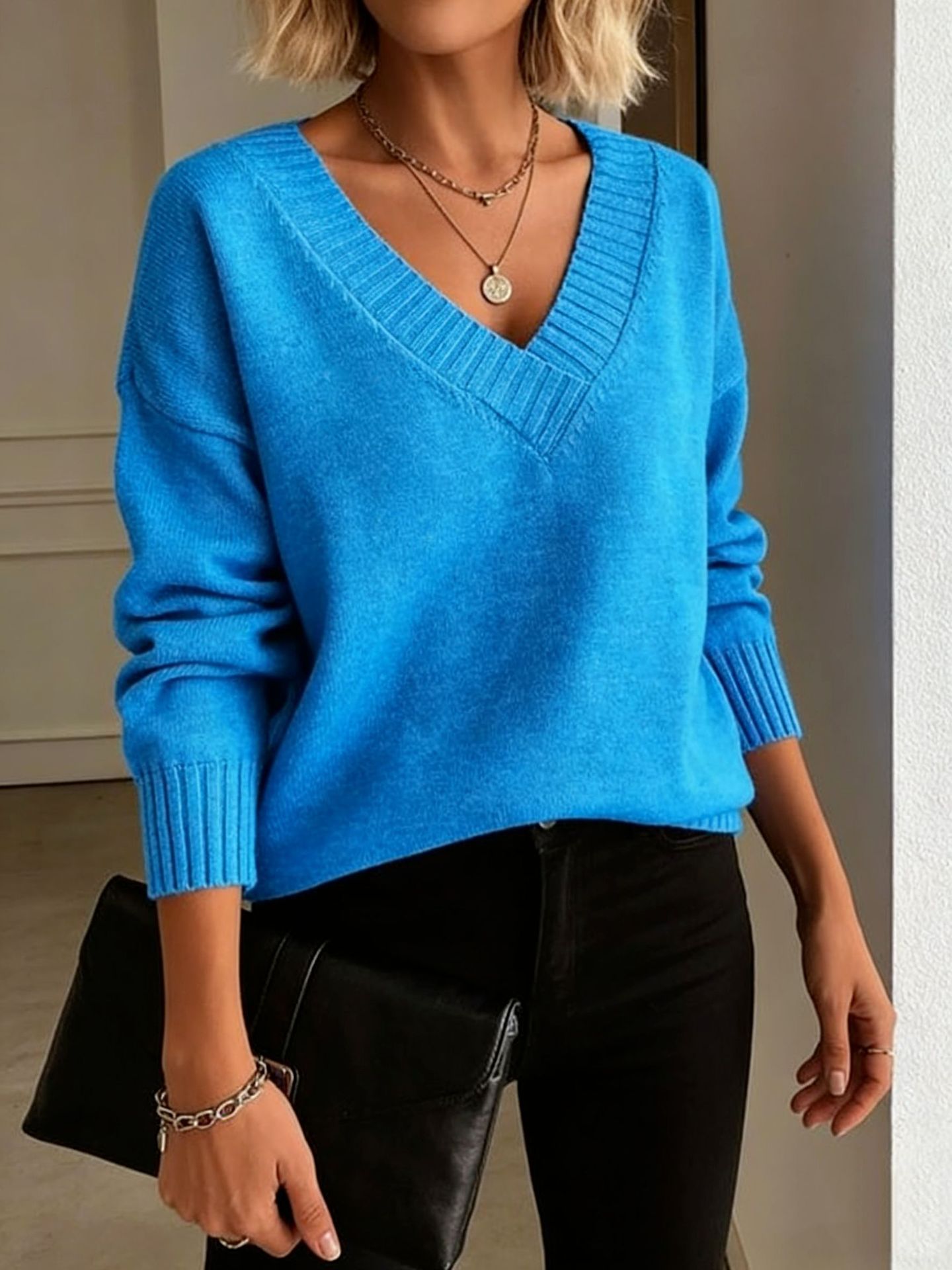 Women's Loose V-Neck Pullover Sweater Solid Color Knit Top