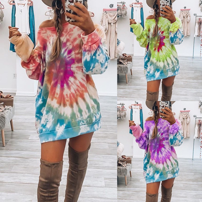 Bohemian Tie-Dye Off-Shoulder Midi Dress Loose Long Sleeve Pullover