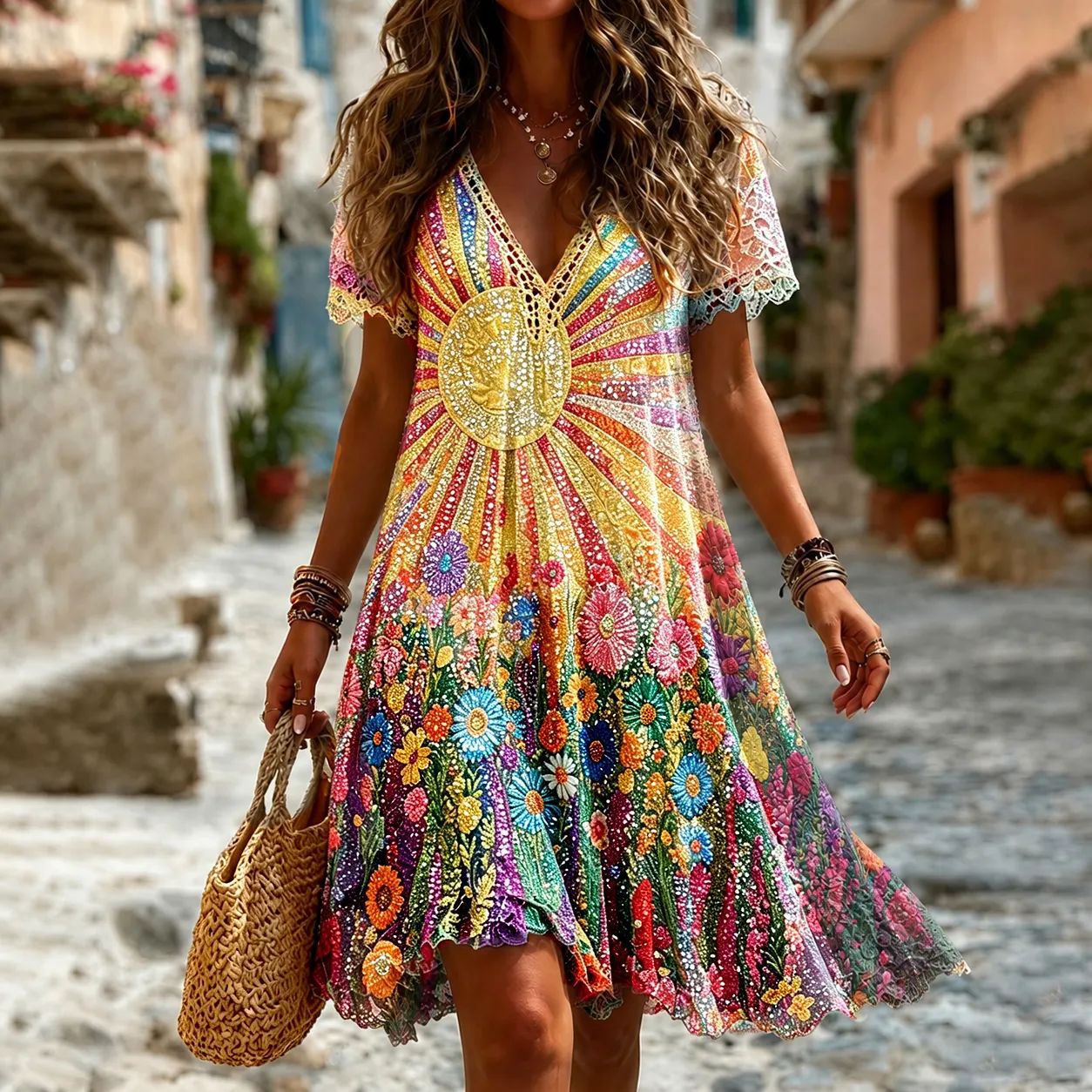 Women's Floral Print Ruched Midi Dress Sleeveless Deep V-Neck
