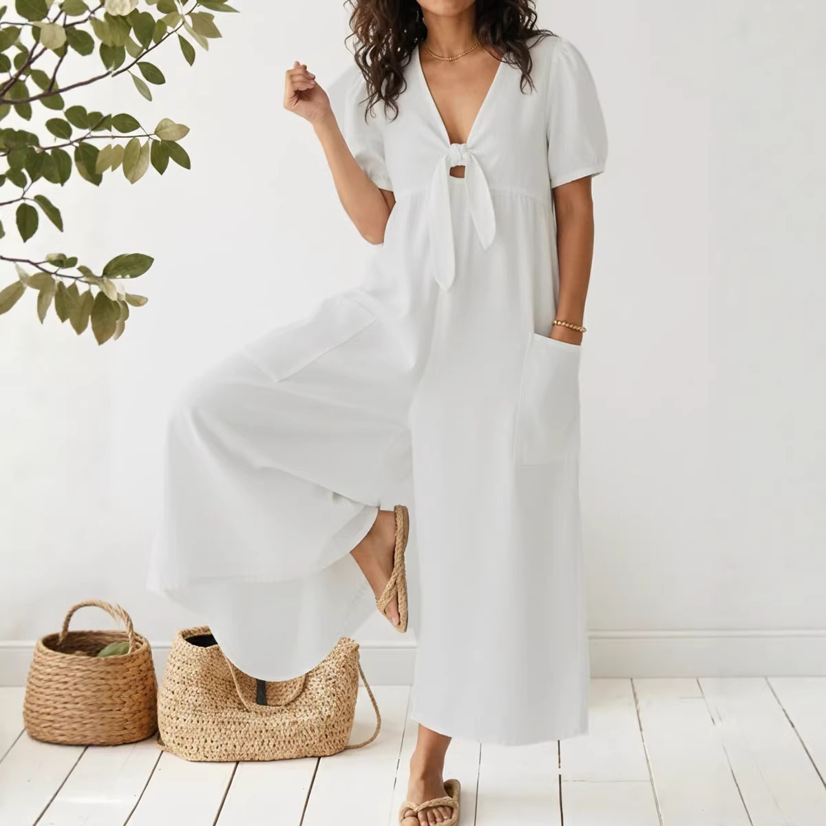 Women's Casual Loose Short Sleeve V-Neck Jumpsuit