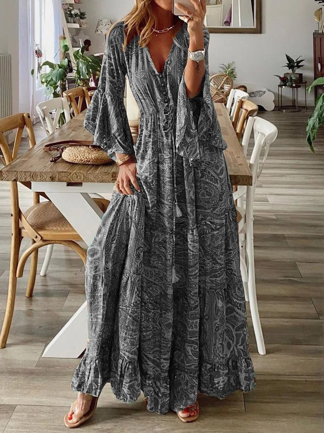 Bohemian Floral Print V-Neck High-Waist Flare-Sleeve Maxi Dress