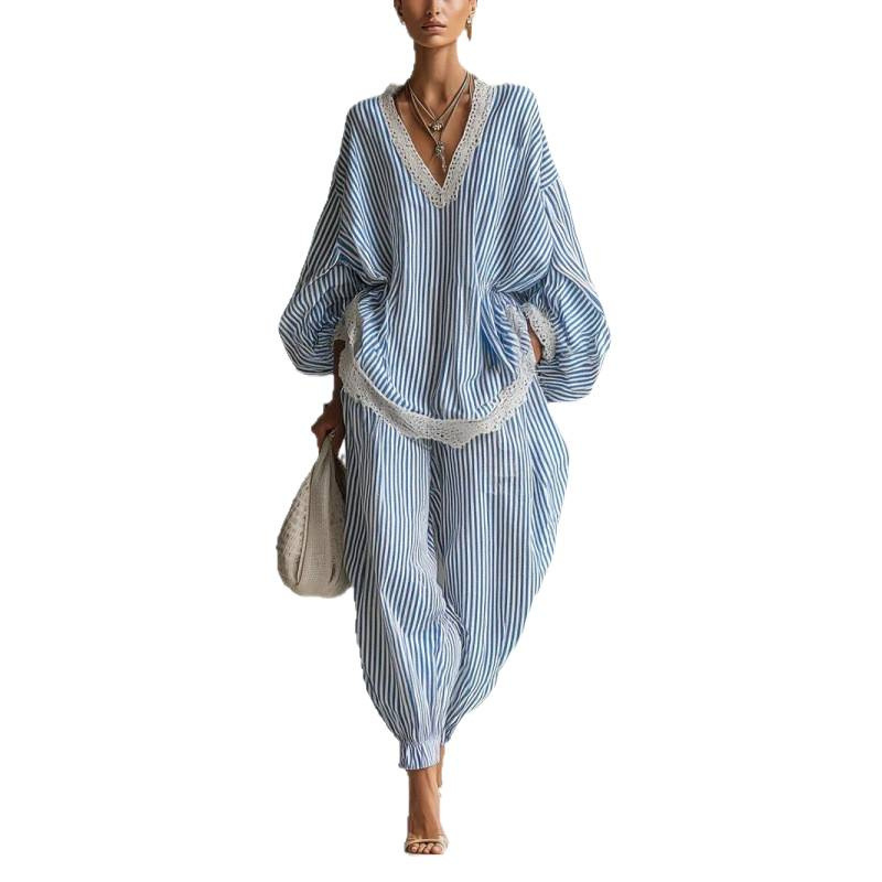 Blue & White Striped Lace Trim Loose Two-Piece Set with Long Sleeve Top and Wide-Leg Pants