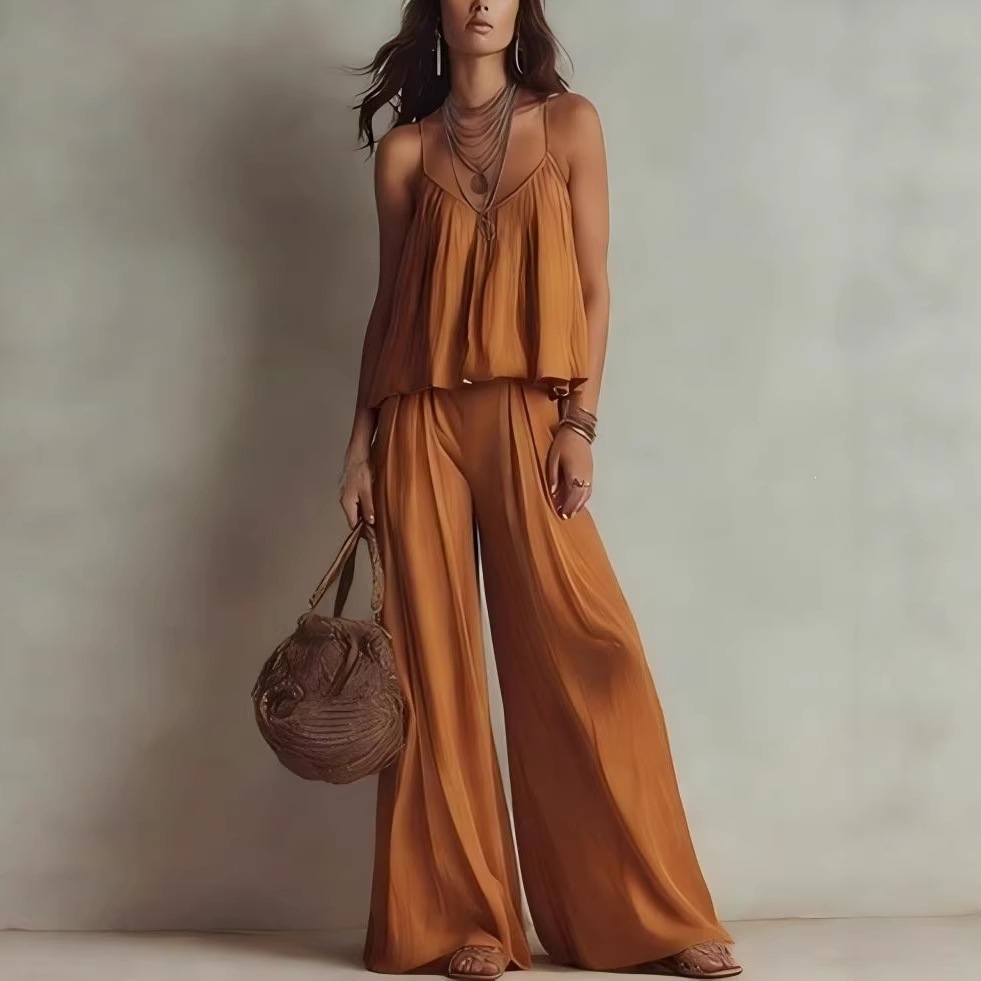 French Square-Neck Cami & Wide-Leg Pants Two-Piece Set