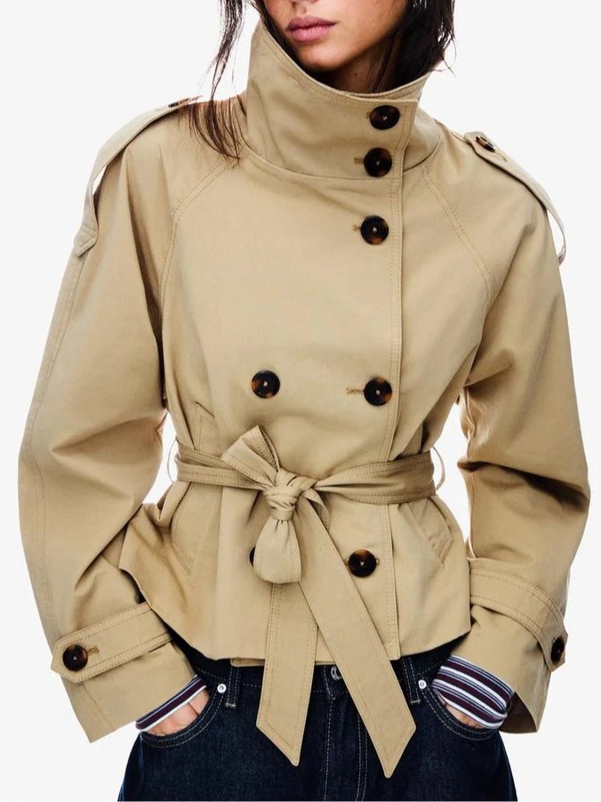 Women's Stand Collar Double-Breasted Belted Trench Coat