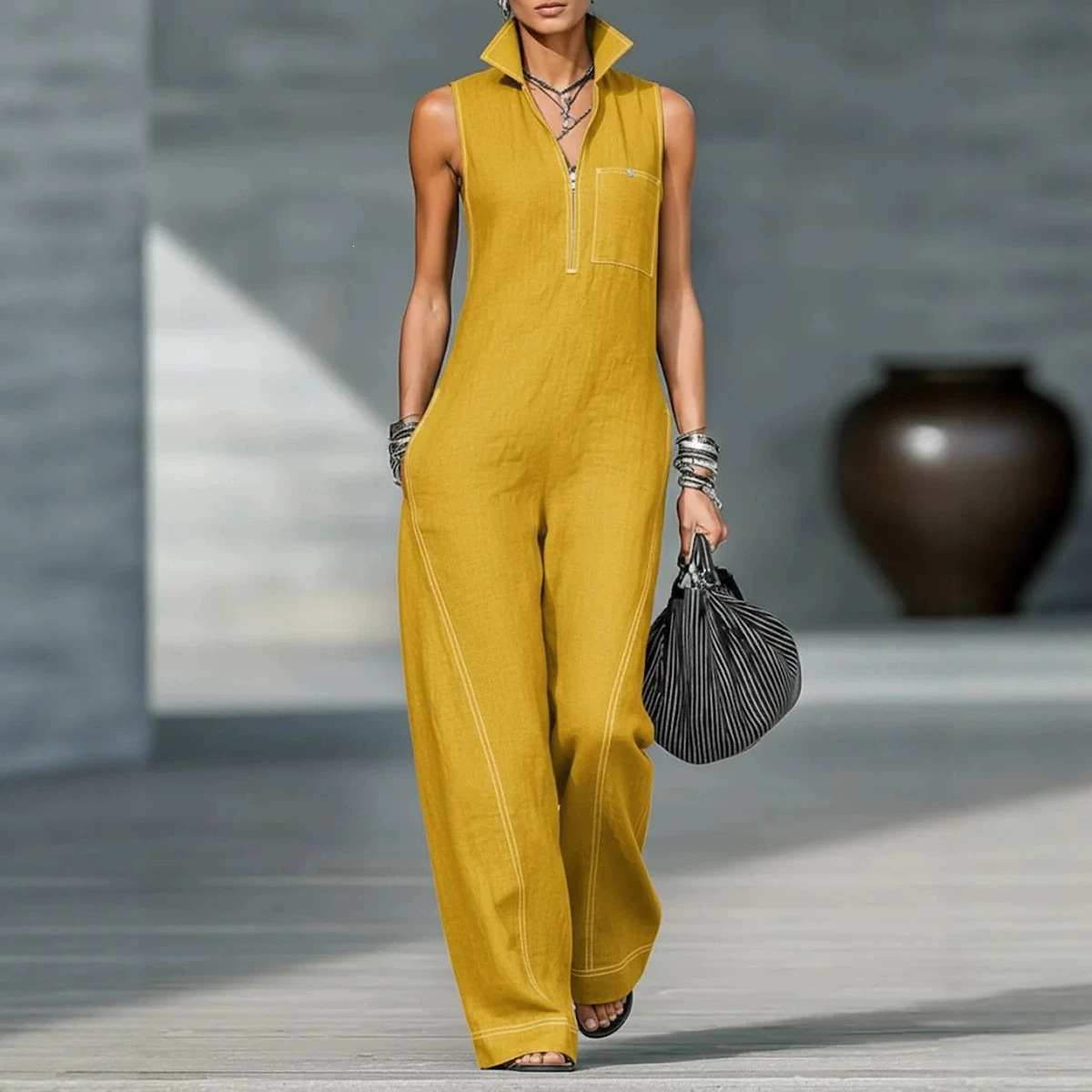 Women's Sleeveless Zip Jumpsuit Solid Color Wide Leg