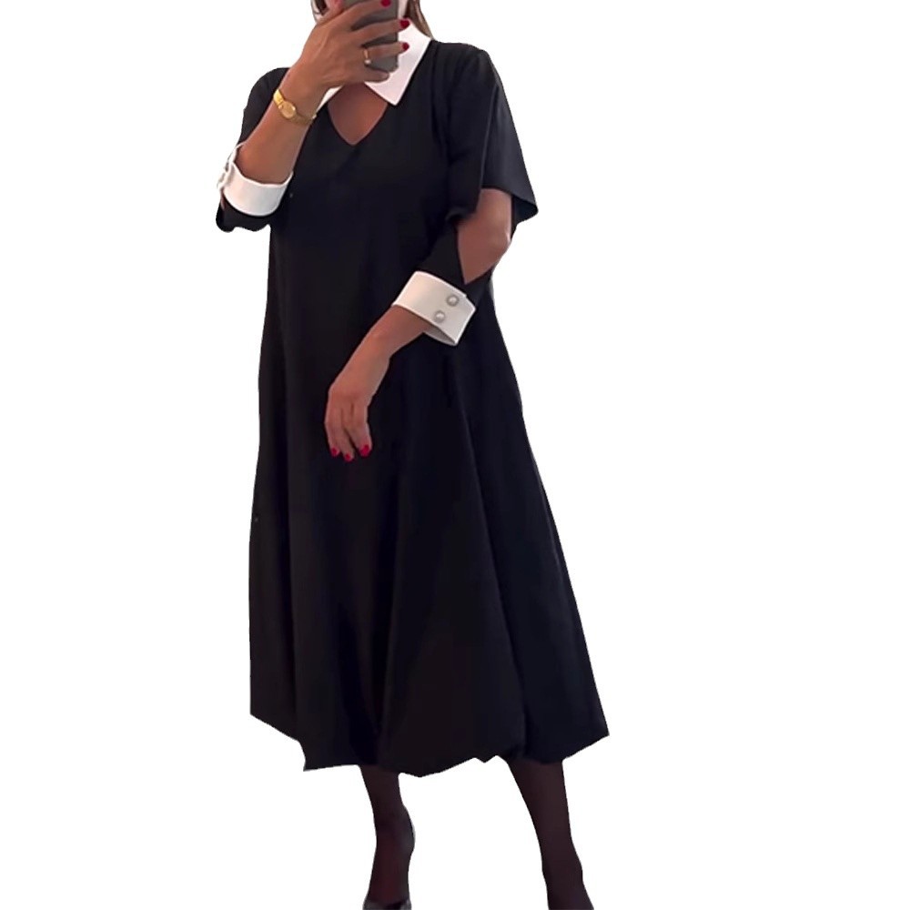 Women's Long Sleeve Loose Pocket Patchwork Dress with Collar