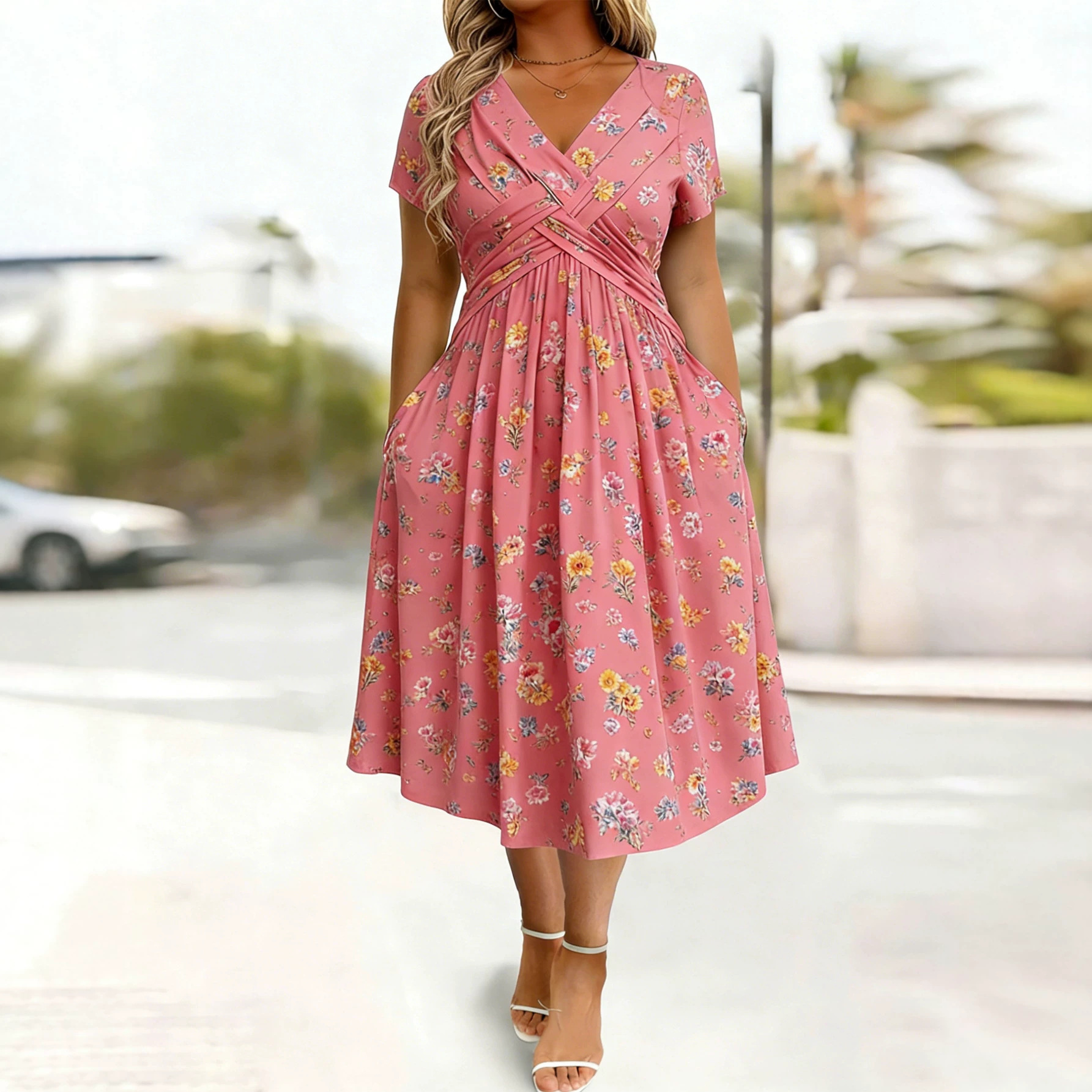 Women's V-Neck Floral Print High Waist Short Sleeve A-Line Dress