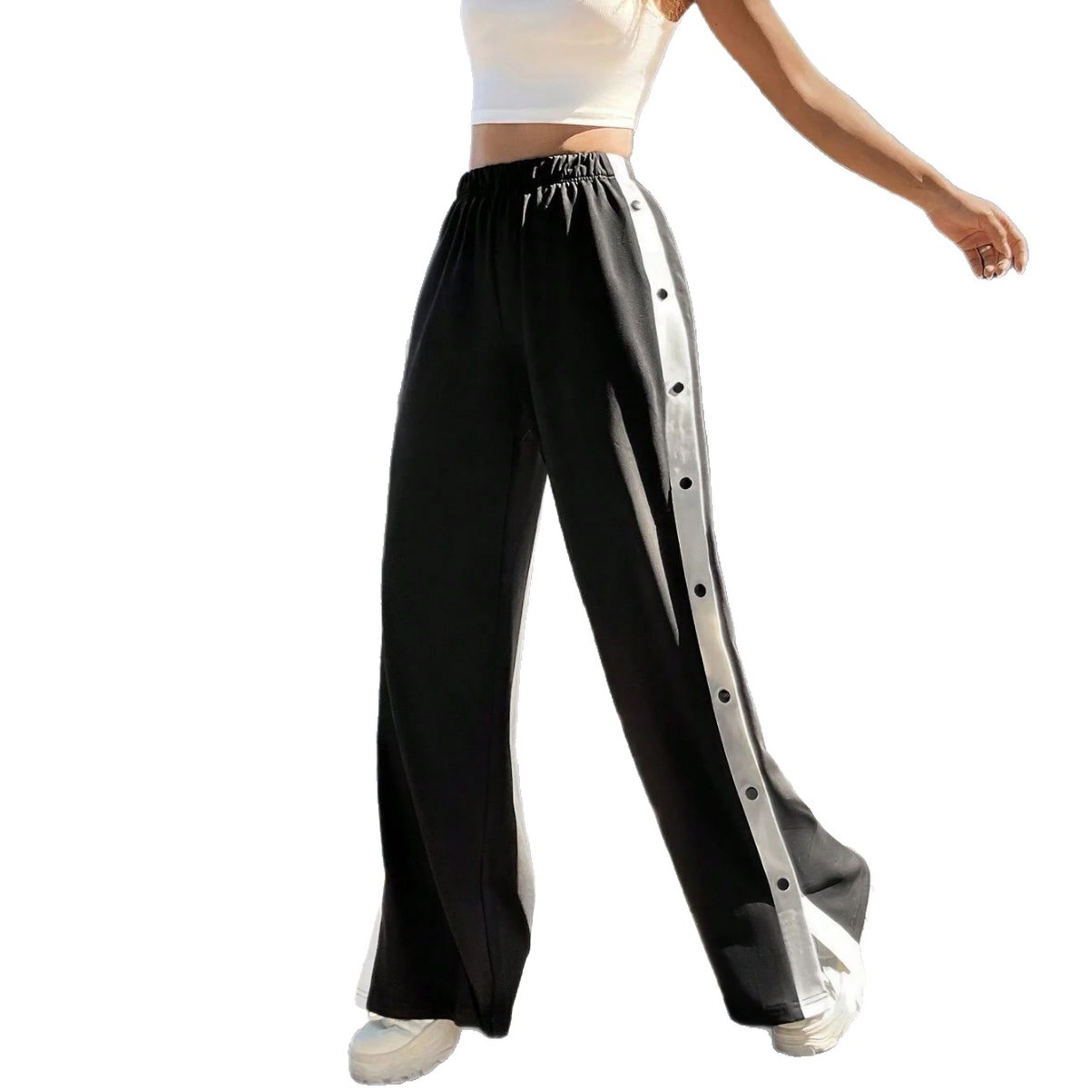 Women's Color-Block Button Wide-Leg Jogger Pants Casual Loose Fit