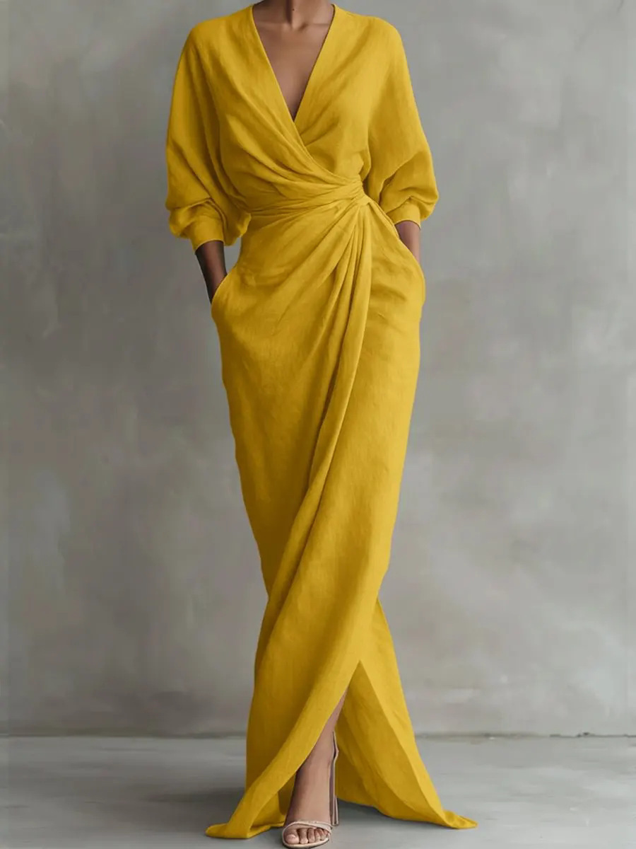 Women's Long Sleeve V-Neck Maxi Dress Solid Color Pleated A-Line Casual