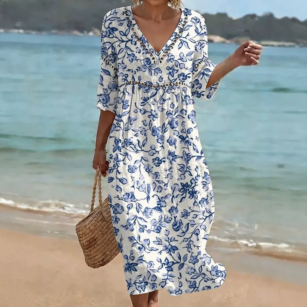 Women's Floral Print Pleated Midi Dress with Deep V-Neck and Five-Quarter Sleeves
