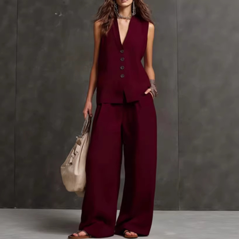 Women's Sleeveless Button Two-Piece Pant Set