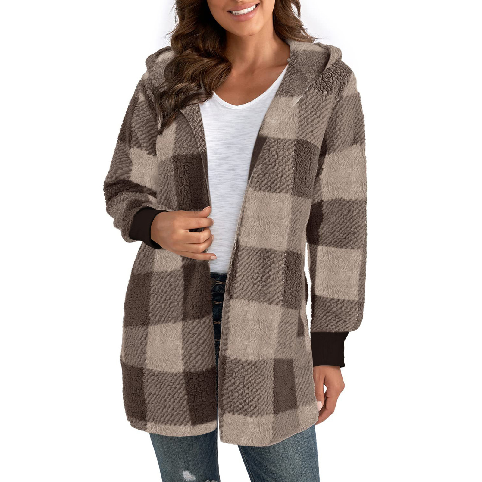 Women's Loose Plaid Fuzzy Cardigan Sweater