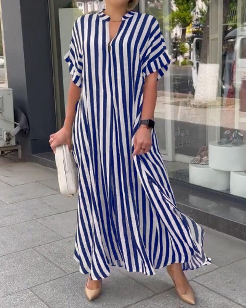 Striped V-Neck Short Sleeve Side Slit Loose Casual Dress