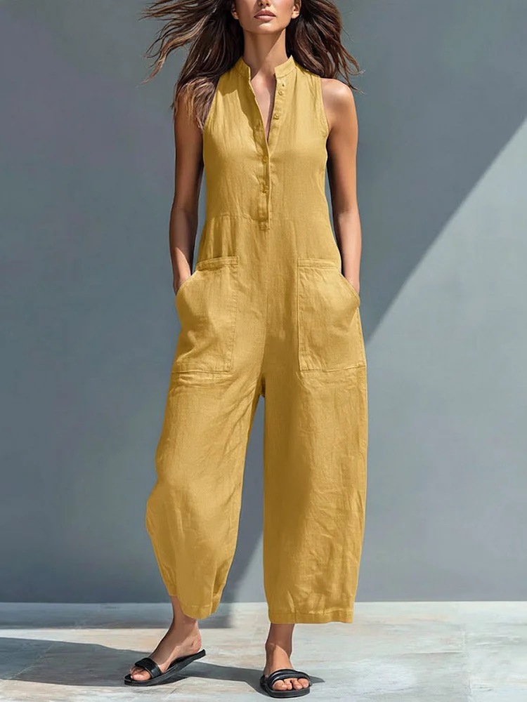 Women's Linen-Blend Button-Front Sleeveless Wide-Leg Jumpsuit
