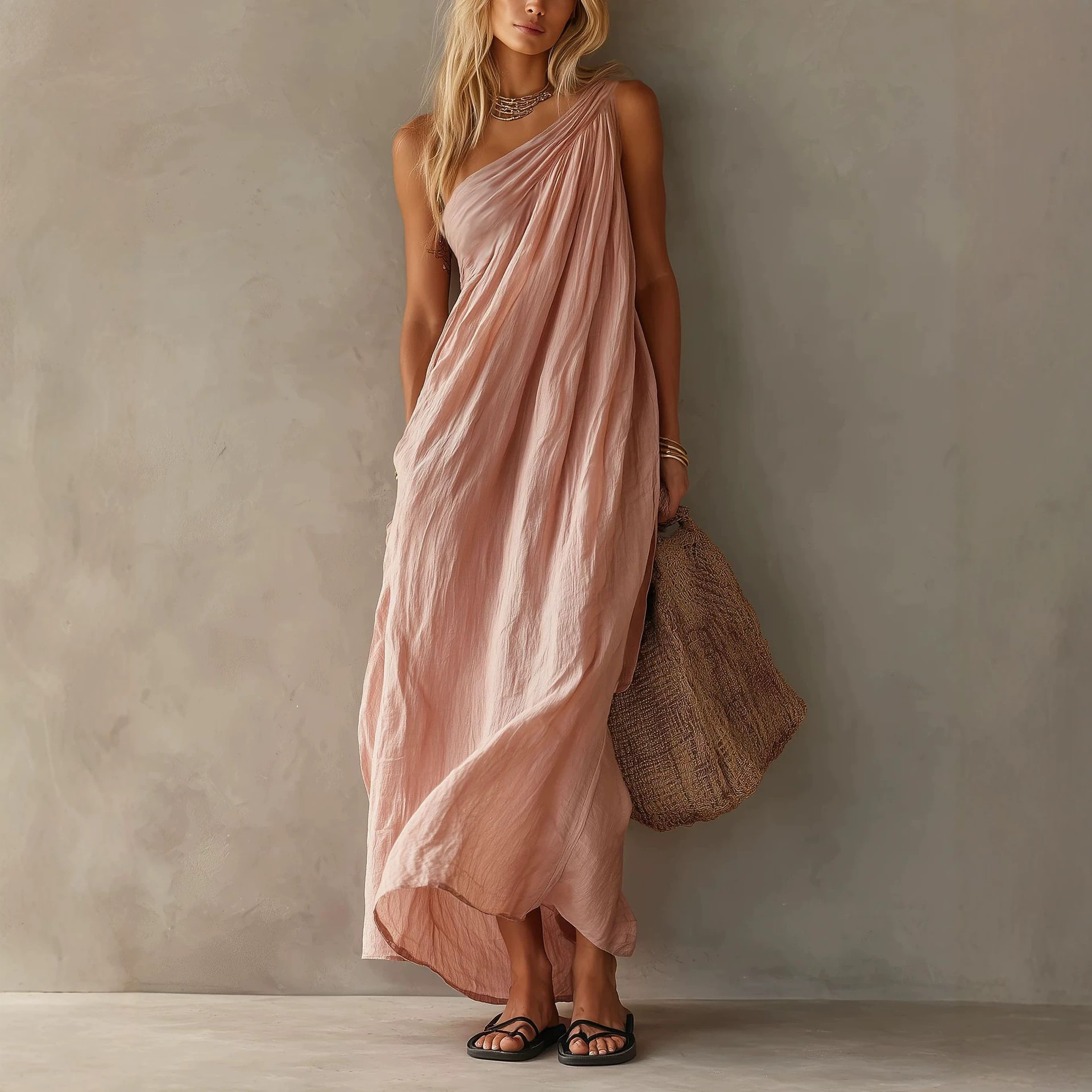 2026 Amazon Cross-Border Women's One-Shoulder Ruched Dress Loose Slimming Solid Color Beach Vacation Long Dress