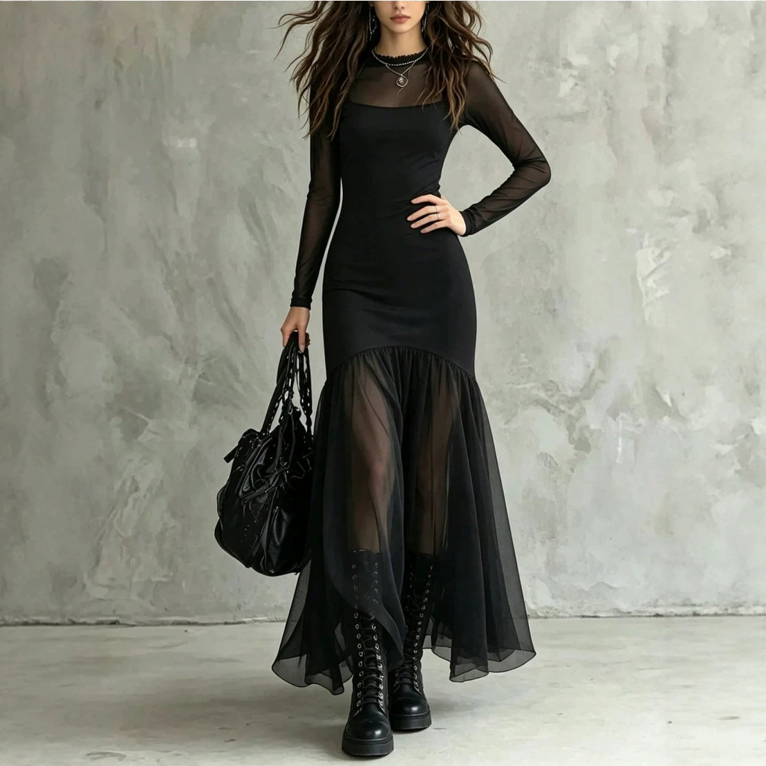 Lace Panel Knit Mesh Long Sleeve Midi Dress
