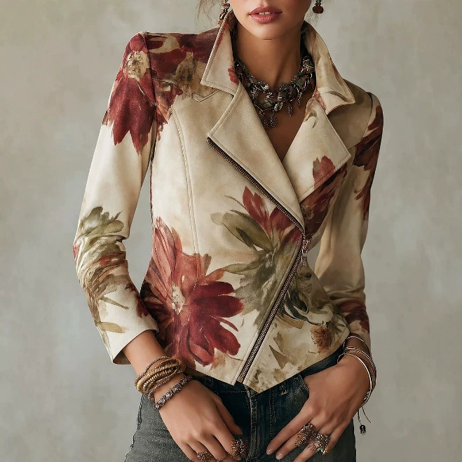 Bohemian Floral Print Asymmetric Hem Zip Moto Jacket