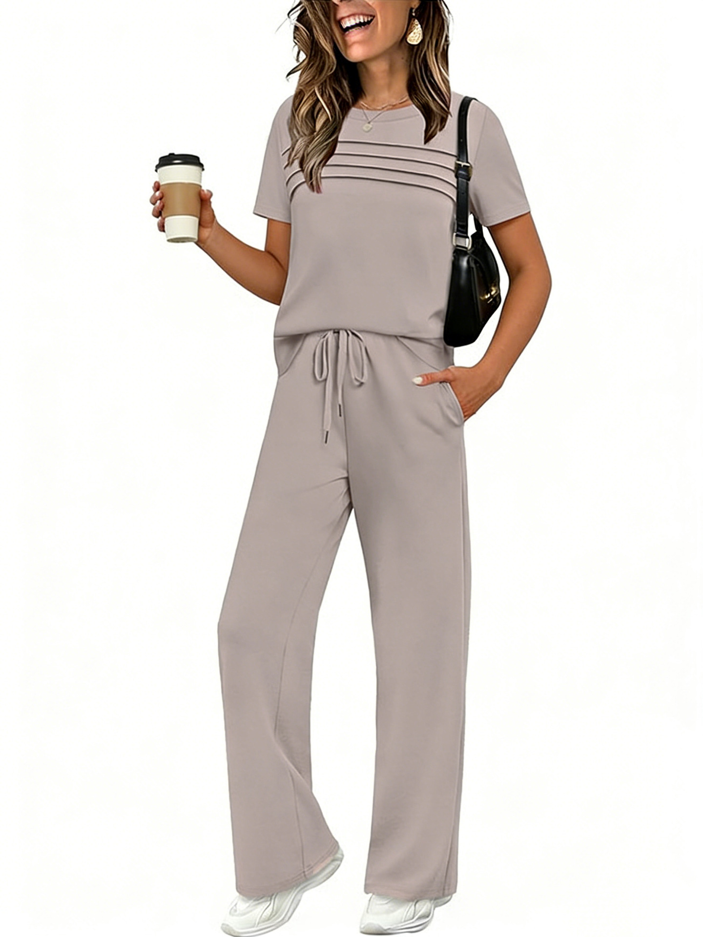 Women's Short Sleeve T-Shirt & Wide Leg Pants Set Casual Solid Color