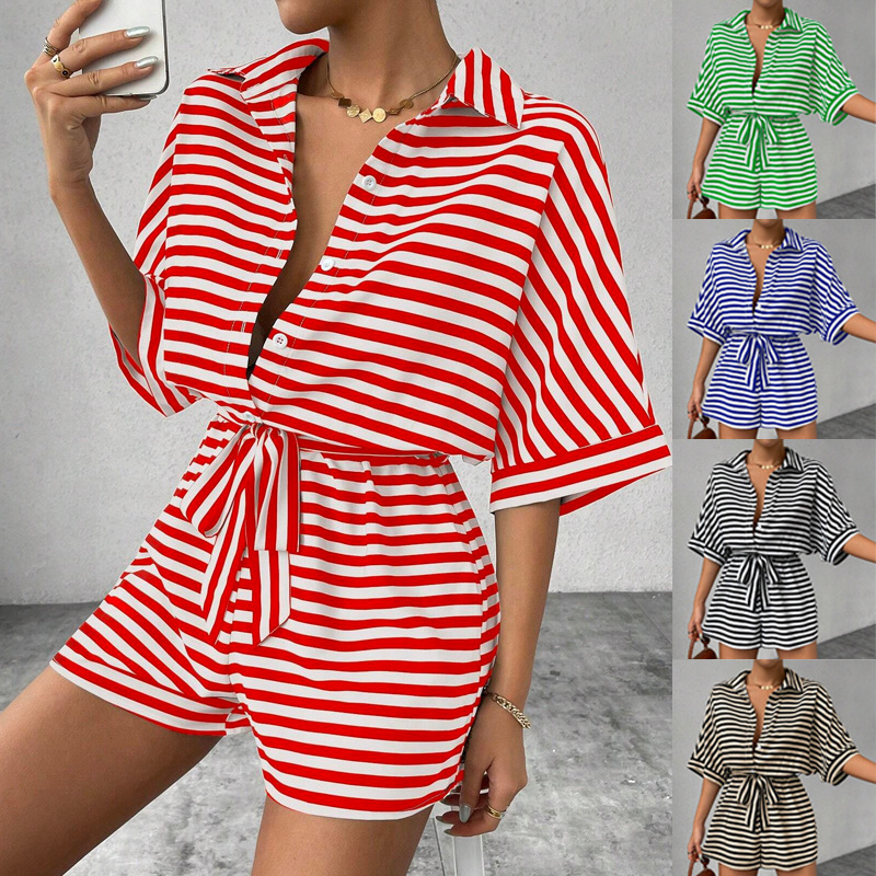Striped Collared Button-Front Midi Sleeve Belted Shorts Romper for Women