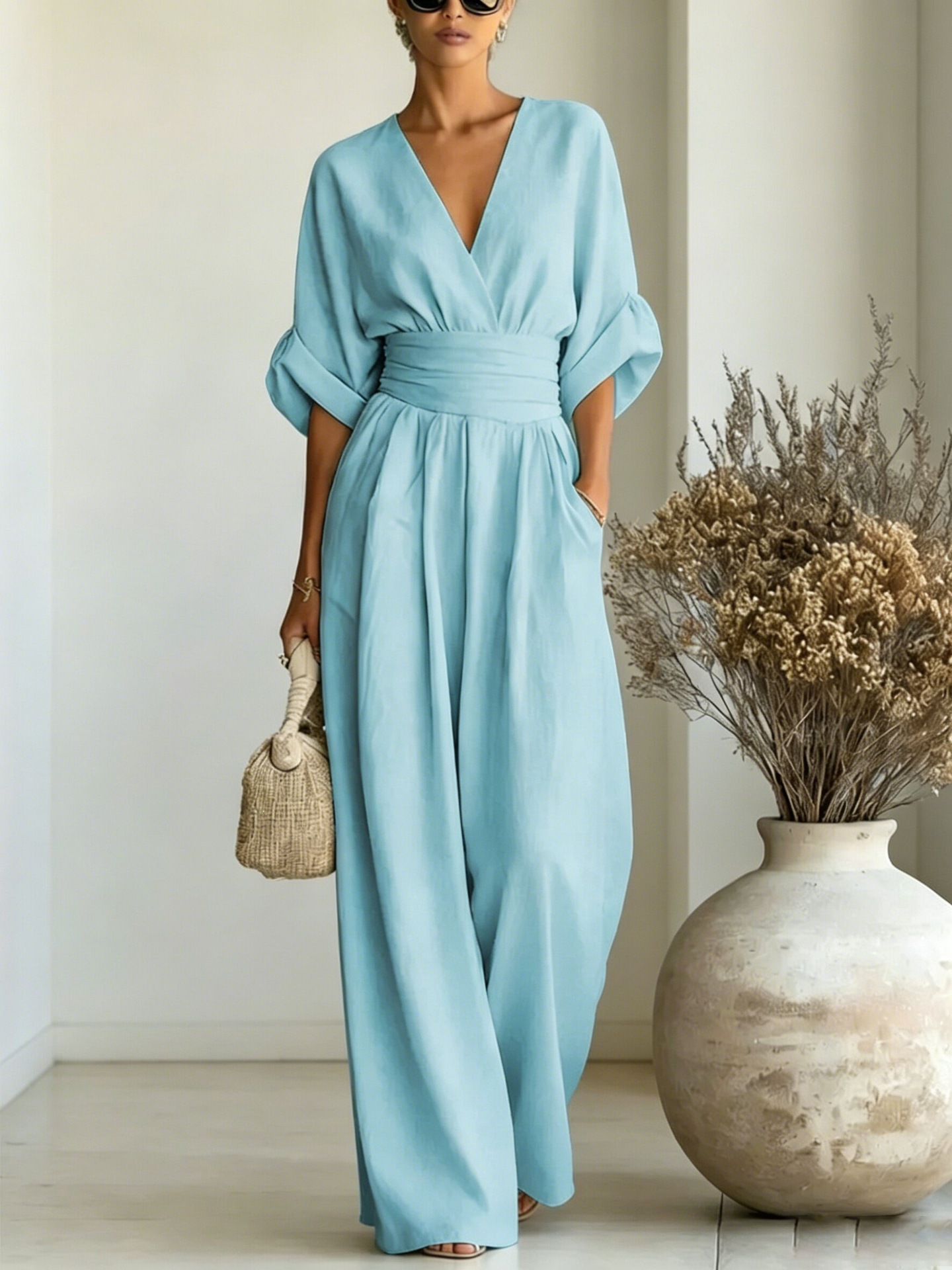 V-Neck Cinched Waist Rolled Sleeve Wide-Leg Jumpsuit