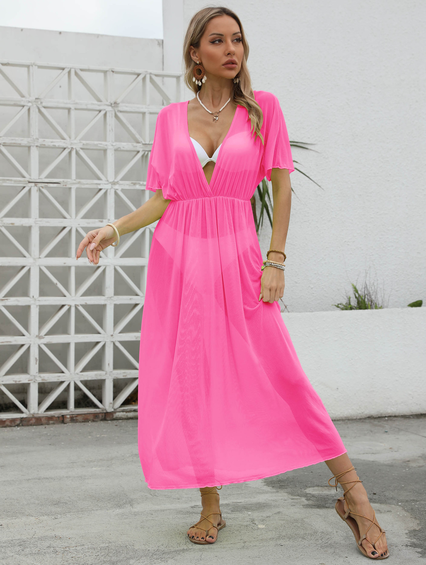 Women's Sheer Mesh V-Neck High Slit Beach Cover-Up Dress