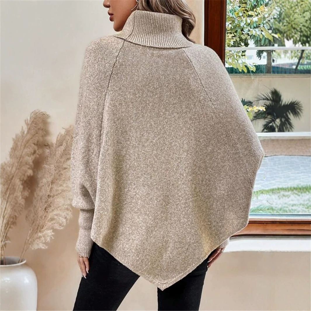 Cable-Knit Turtleneck Button-Trim Batwing Sweater