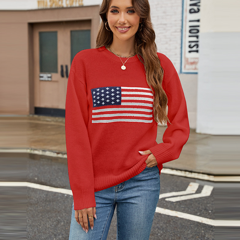 American Flag Crewneck Knit Sweater for Women