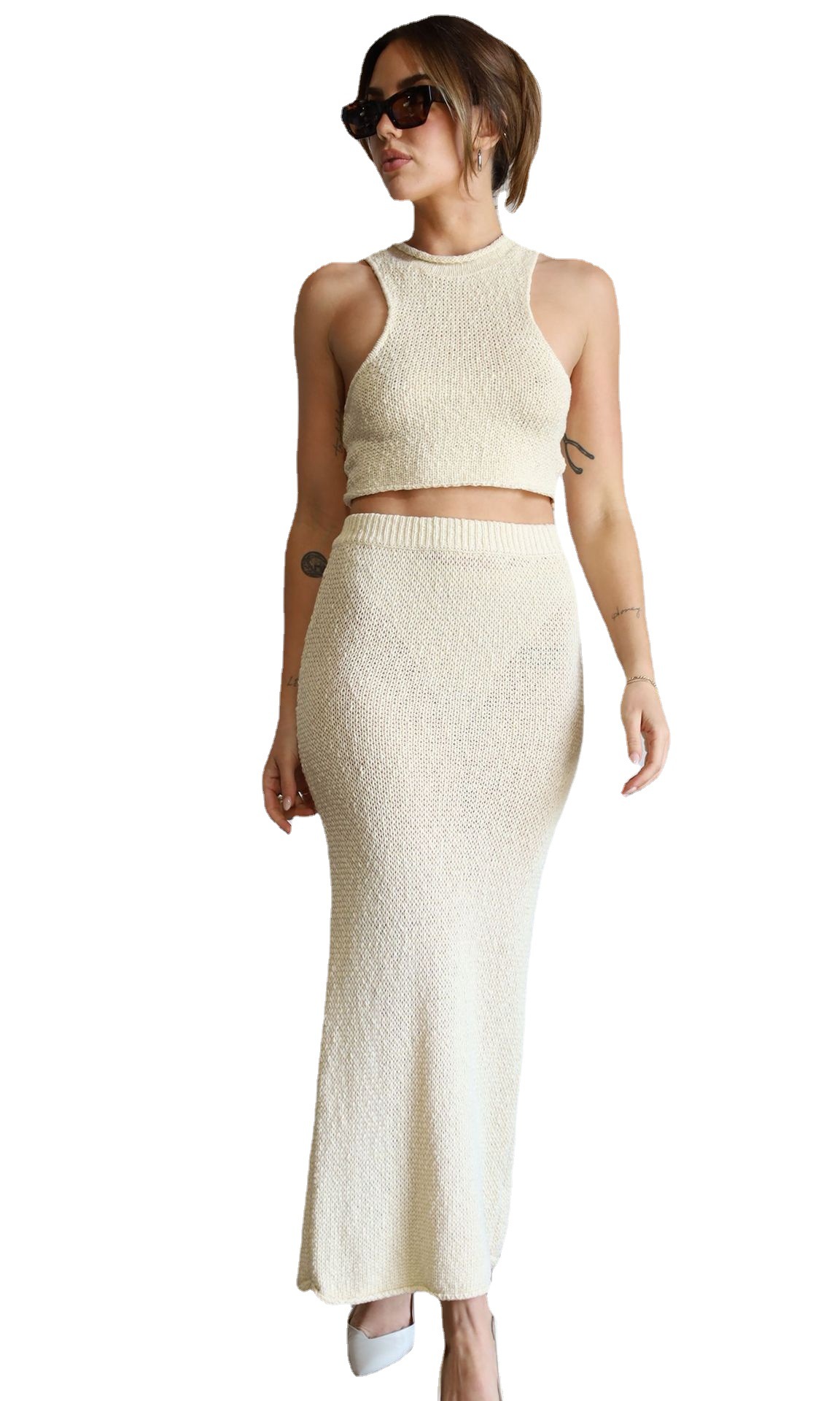 Sleeveless Knit Crop Top and Bodycon Midi Skirt Set