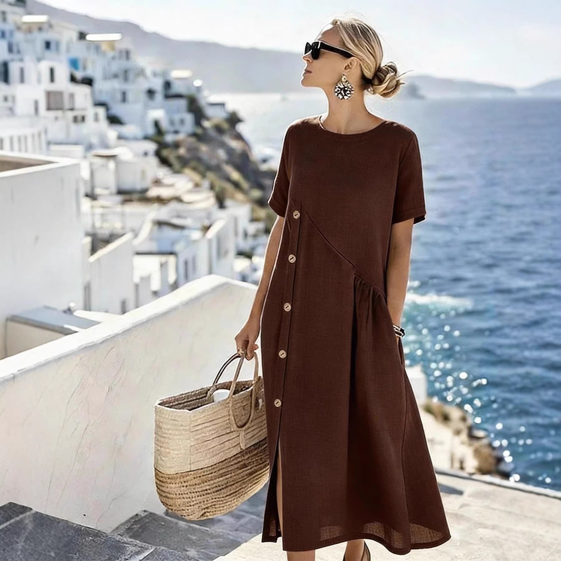 Women's Side Button Ruched Waist Midi Dress Casual Vacation