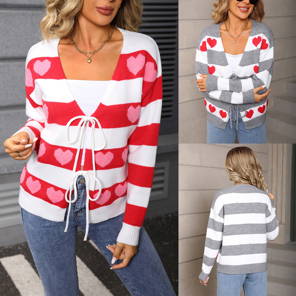 Women's Color-Block Heart Knit Cardigan with Tie Front