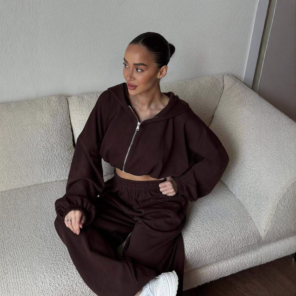 Women's Solid Color Zip-Up Hoodie and Drawstring Jogger Two-Piece Set