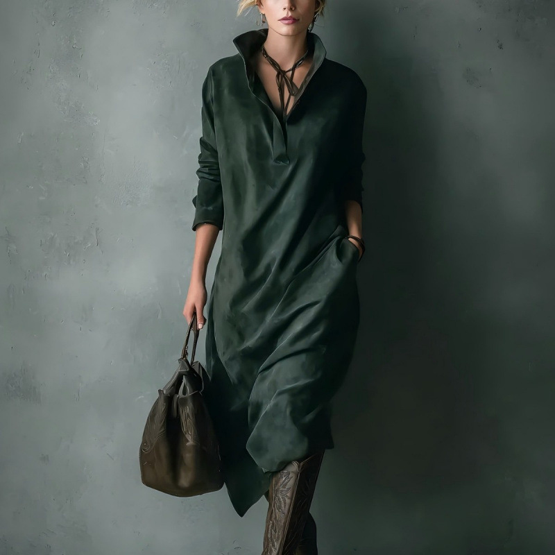 Women's Faux Suede Long Sleeve Midi Shirt Dress Solid Loose Fit